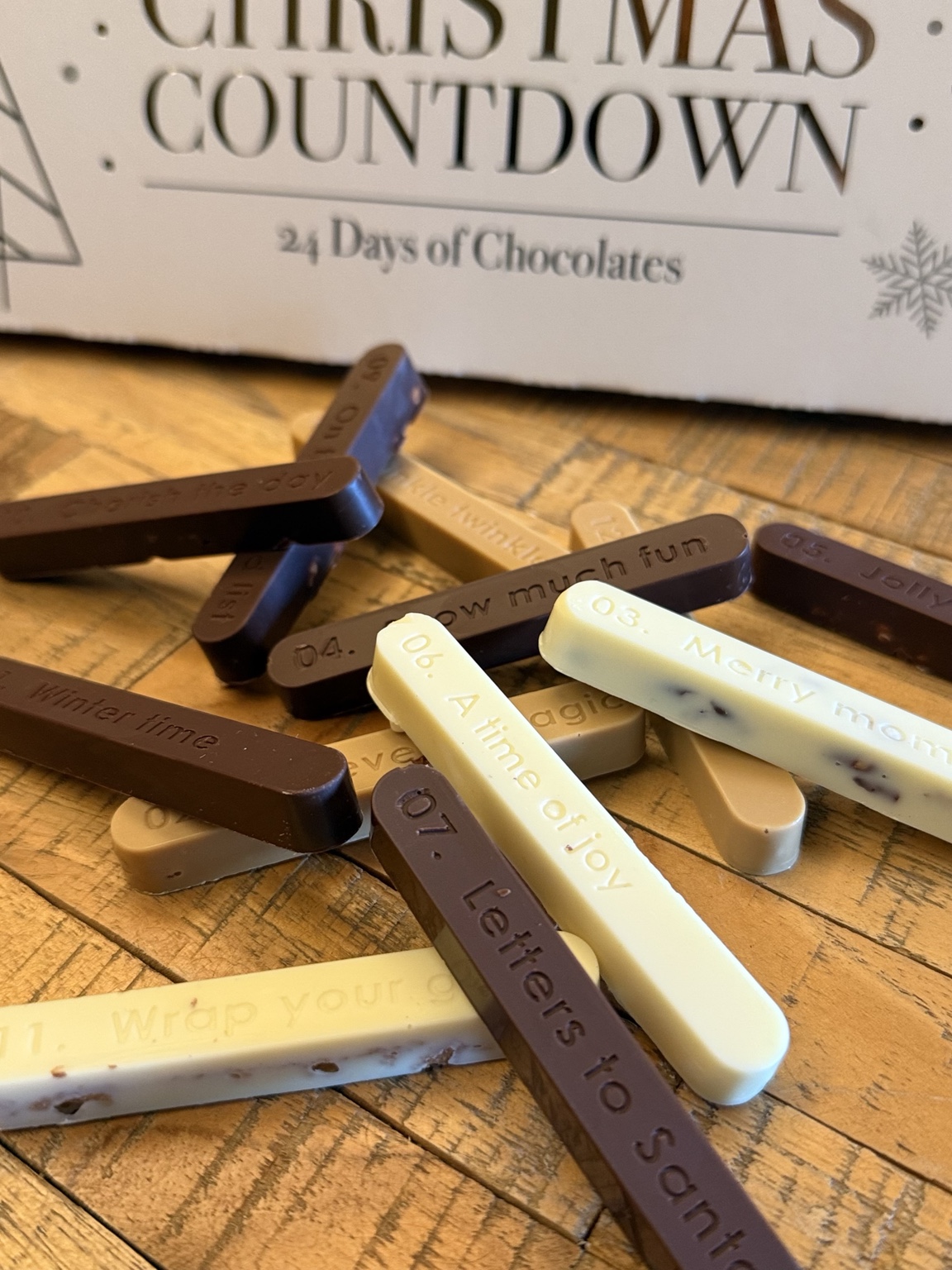 Advent calendar chocolate fingers with their Christmas countdown box